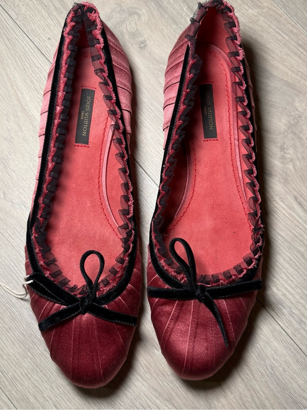 Louis Vuitton F/W 2004 Pink Satin Ballet Flats with Black Velvet Trim & Bow